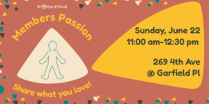 illustration of drawn figure in spotlight and text Sunday June 22 11:00am to 12:30pm Members Passion - Share what you love