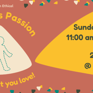 illustration of drawn figure in spotlight and text Sunday June 22 11:00am to 12:30pm Members Passion - Share what you love
